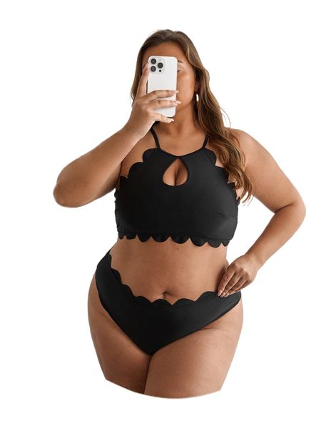 plus cut out scallop trim halter high waist bikini swimsuit e5nm#, White;black
plus cut out scallop trim halter high waist bikini swimsuit e5nm#, White;black