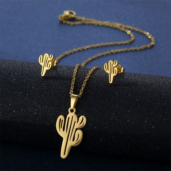 fashion jewelry small fresh stainless steel cactus necklace ear stud set simple clavicle chain hollow plant pendant for women, Silver
fashion jewelry small fresh stainless steel cactus necklace ear stud set simple clavicle chain hollow plant pendant for women, Silver
