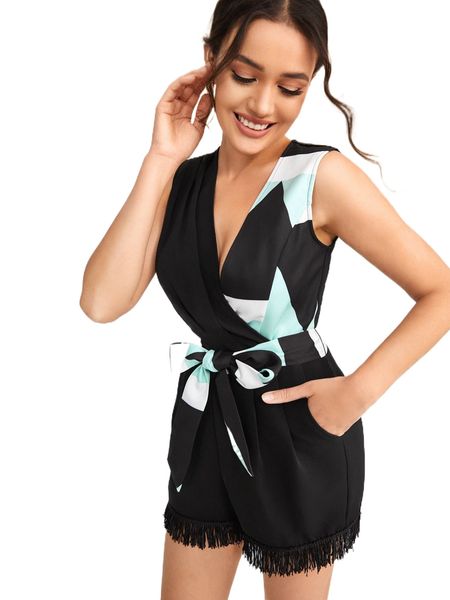 x kes contrast panel fringe hem belted romper d41l#, Black;white
