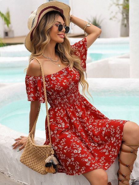 floral off shoulder shirred waist dress k9iu#, Black;gray