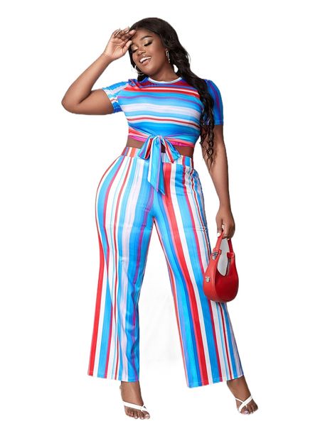 sxy plus stripe wide leg pants z0b2#, Black