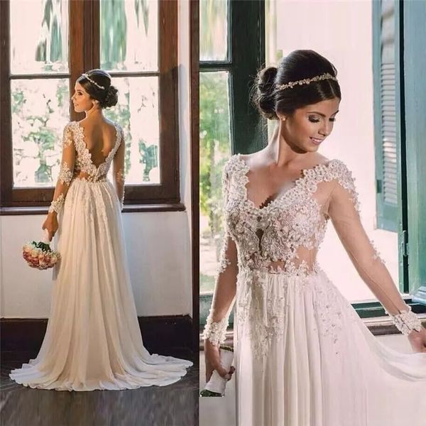 sheer sleeve women wedding dress illusion applique beading backless pleated floor-length dresses, White
sheer sleeve women wedding dress illusion applique beading backless pleated floor-length dresses, White