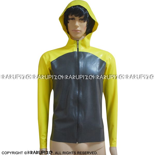 yellow and black latex jacket with zippers at front hoodies rubber coat 0178, Black;brown
yellow and black latex jacket with zippers at front hoodies rubber coat 0178, Black;brown