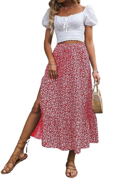 ditsy floral split thigh skirt x4yg#, Black