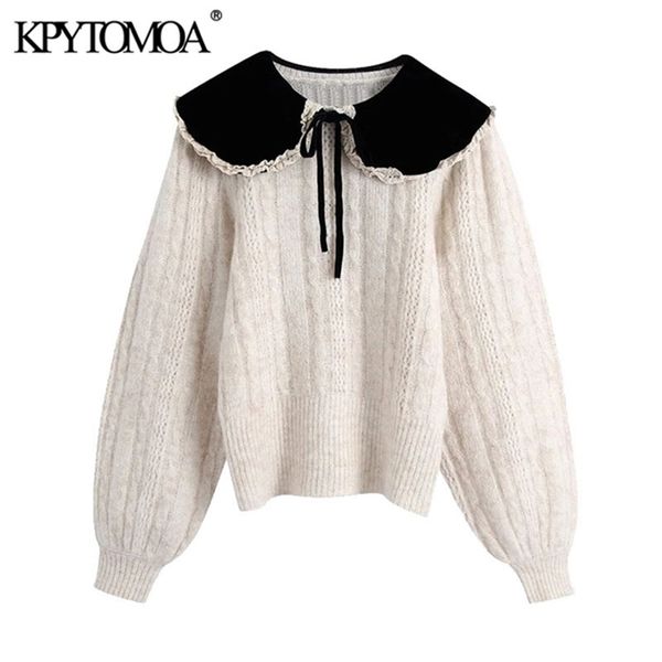 kpytomoa women fashion with bow velvet peter pan collar knitted sweaters vintage lantern sleeve female pullovers chic 201221, White;black
kpytomoa women fashion with bow velvet peter pan collar knitted sweaters vintage lantern sleeve female pullovers chic 201221, White;black