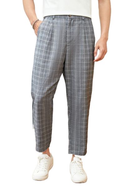 men plaid print tailored pants c6i5#, Black