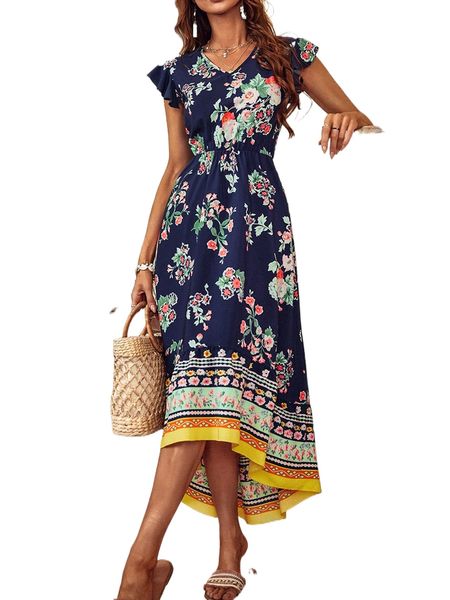 floral ruffle trim high low hem dress a0ku#, Black;gray
floral ruffle trim high low hem dress a0ku#, Black;gray