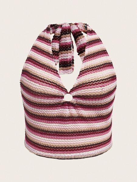 plus block striped o-ring tie backless halter l2bv#, Black 
plus block striped o-ring tie backless halter l2bv#, Black