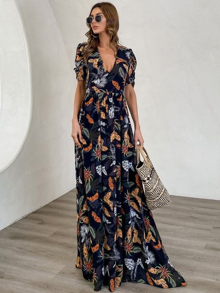 missord tropical print maxi dress x3oh#, Black;gray