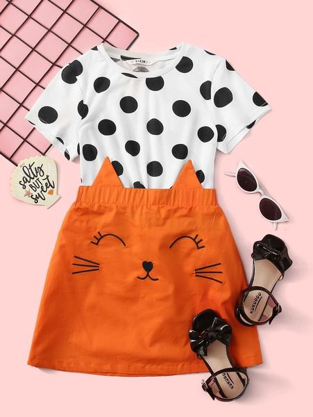 girls polka dot print & triangle trim cartoon embroidered skirt set she, White
girls polka dot print & triangle trim cartoon embroidered skirt set she, White
