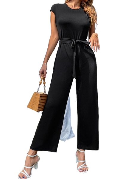 keyhole back wide leg b.elted j.umpsuit d8uk#, Black;white 
keyhole back wide leg b.elted j.umpsuit d8uk#, Black;white