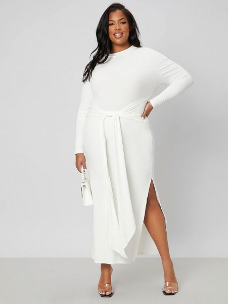 sxy plus knot front split thigh dress 288a#, Black