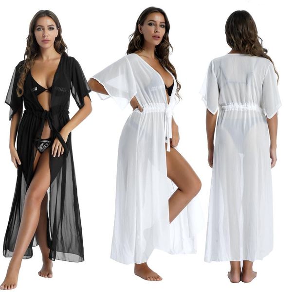 women's swimwear chiffon bikini cover-ups elegant kimono cardigan belted maxi dress beachwear open front swimsuit with drawstringwomen&, White;black
women's swimwear chiffon bikini cover-ups elegant kimono cardigan belted maxi dress beachwear open front swimsuit with drawstringwomen&, White;black
