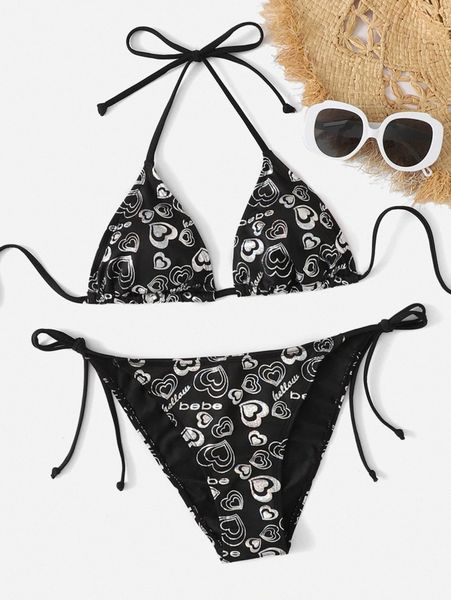 heart print tie side bikini swimsuit x5hi#, White;black