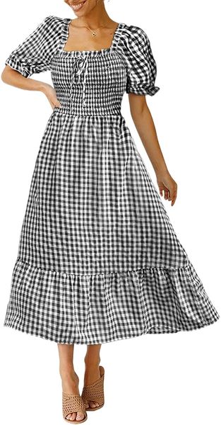 women's summer casual puff sleeve square neck gingham dress tie back bow smocked flowy plaid ruffle midi dress y5hk#, Black;gray
women's summer casual puff sleeve square neck gingham dress tie back bow smocked flowy plaid ruffle midi dress y5hk#, Black;gray