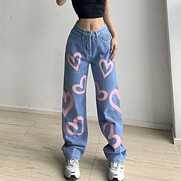 women's jeans high waist straight pink heart print jeanns hip hop casual loose jean cotton, Blue
women's jeans high waist straight pink heart print jeanns hip hop casual loose jean cotton, Blue