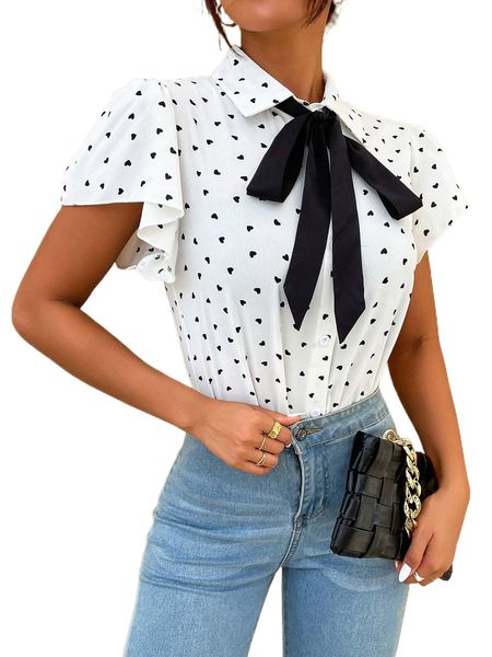allover heart print tie neck butterfly sleeve blouse 4187#, White
allover heart print tie neck butterfly sleeve blouse 4187#, White