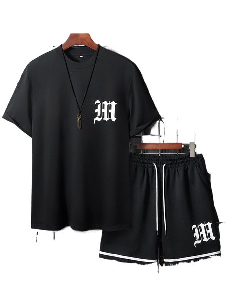 men letter graphic tee & contrast tape drawstring waist shorts without necklace g29c#, Gray
men letter graphic tee & contrast tape drawstring waist shorts without necklace g29c#, Gray