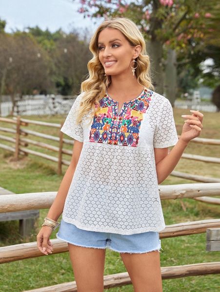 emery rose notch neck embroidery yoke lace p5x4#, White