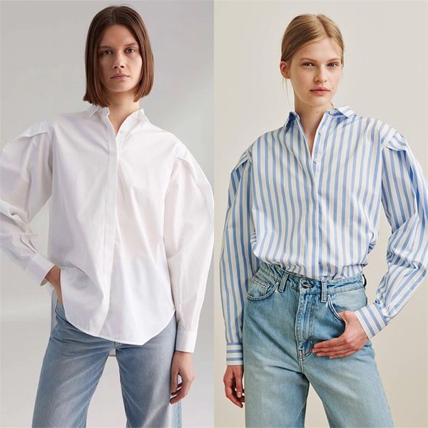 2019 blouse loosely lined with blue vertical stripes lantern sleeves pleated silhouette sunscreen women shirt t200321, White
2019 blouse loosely lined with blue vertical stripes lantern sleeves pleated silhouette sunscreen women shirt t200321, White