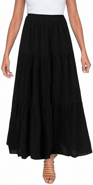 women summer boho elastic high waist pleated a line tiered maxi skirt e0ae#, White;black
women summer boho elastic high waist pleated a line tiered maxi skirt e0ae#, White;black