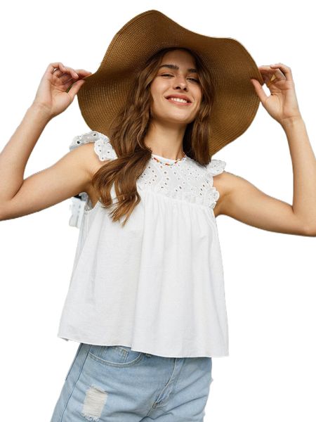 eyelet embroidery ruffle blouse e99g#, White