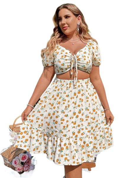 plus all over floral print crop & ruffle hem skirt h2u3#, Black 
plus all over floral print crop & ruffle hem skirt h2u3#, Black