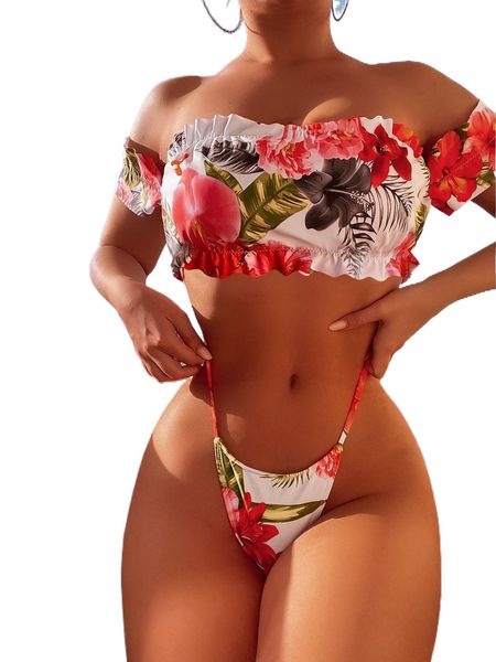 plant print frill trim bikini swimsuit a97i#, White;black 
plant print frill trim bikini swimsuit a97i#, White;black