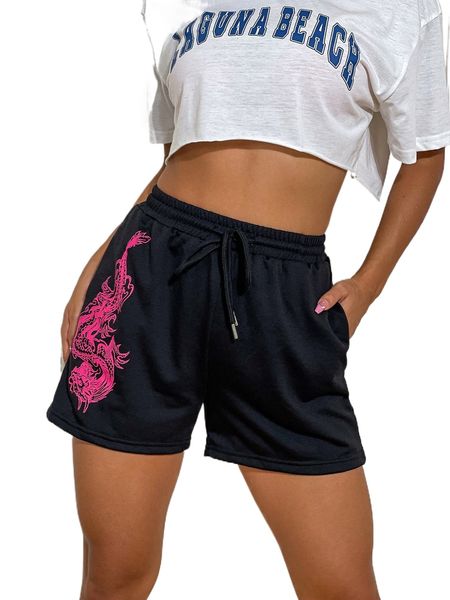 chinese dragon print track shorts 08xh#, White;black