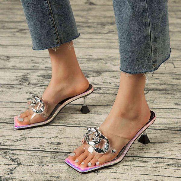 women shoes slippers 8cm thin heel sandals chain decor designer female mules slides square toe casual footwear party club 220610, Black
women shoes slippers 8cm thin heel sandals chain decor designer female mules slides square toe casual footwear party club 220610, Black