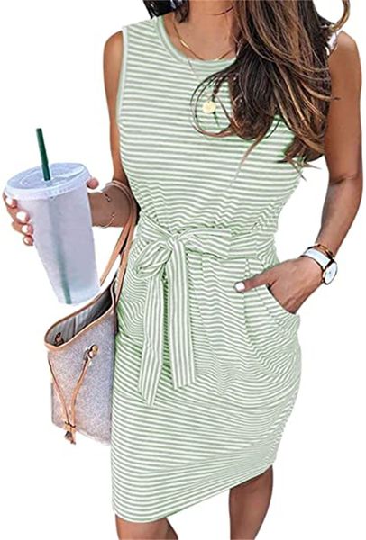 & tees women's casual sleeveless t-shirt dress summer stripe print round collar belted waist mini dress, White
& tees women's casual sleeveless t-shirt dress summer stripe print round collar belted waist mini dress, White