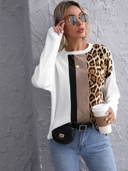 leopard drop shoulder rib-knit tee t0yi#, White 
leopard drop shoulder rib-knit tee t0yi#, White