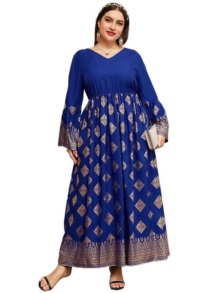 plus geo print flounce sleeve maxi a-line dress c59y#, Black
plus geo print flounce sleeve maxi a-line dress c59y#, Black