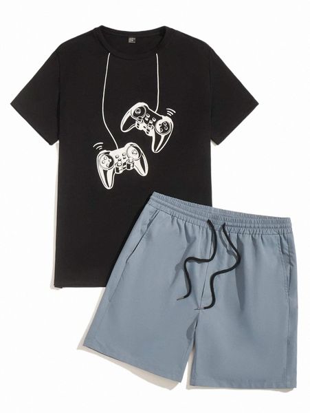 men gamepad print tee & drawstring waist shorts set a13x#, Gray
men gamepad print tee & drawstring waist shorts set a13x#, Gray
