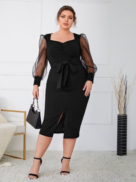 plus mesh bishop sleeve belted split hem dress 09y8#, Black 
plus mesh bishop sleeve belted split hem dress 09y8#, Black