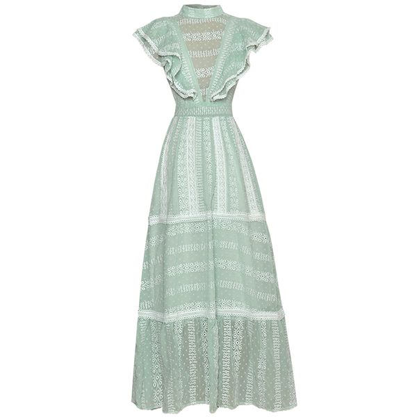 stand collar embroidery butterfly sleeves light green long maxi dress 2022 runway women party vestidos robe femme, Black 
stand collar embroidery butterfly sleeves light green long maxi dress 2022 runway women party vestidos robe femme, Black
