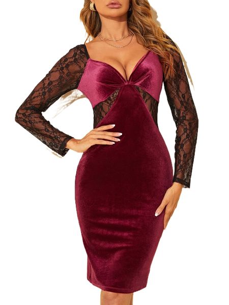 contrast lace backless velvet dress a0bg#, Black;gray