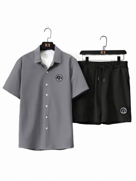 men letter patched shirt with drawstring waist shorts without tee 89zk#, Gray 
men letter patched shirt with drawstring waist shorts without tee 89zk#, Gray