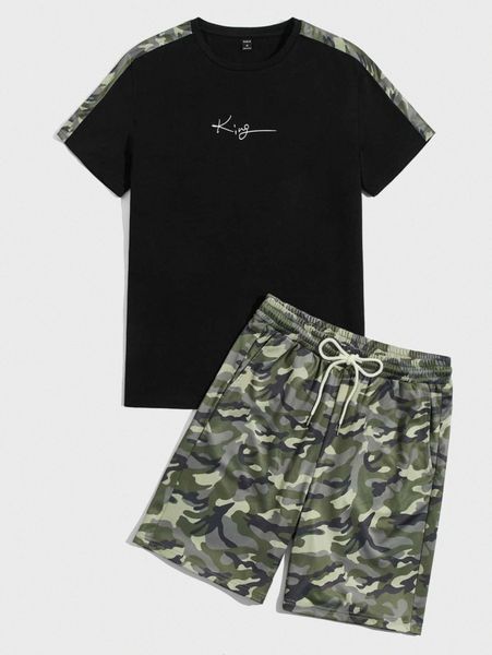 men camo graphic tee & drawstring waist shorts set i5kt#, Gray 
men camo graphic tee & drawstring waist shorts set i5kt#, Gray