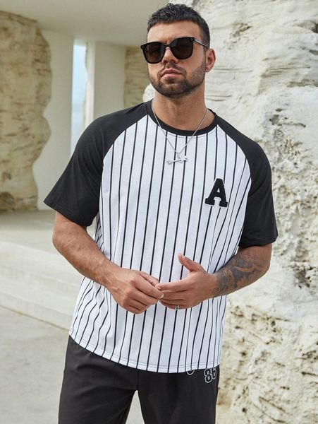 extended sizes men striped letter patched t-shirt p62v#, White;black