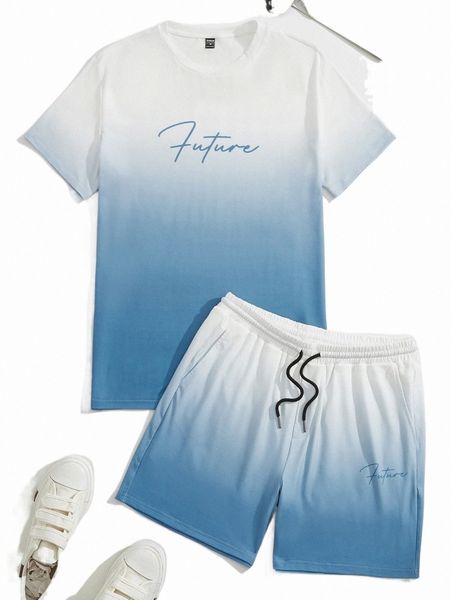 men ombre letter graphic tee & track shorts set r5gh#, Gray