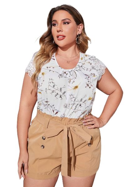 plus plants print contrast lace sleeve blouse q9e4#, Black