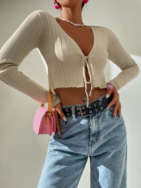 knot front lettuce trim cardigan g997#, White;black 
knot front lettuce trim cardigan g997#, White;black