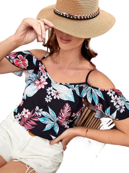 1pc floral print cold shoulder blouse c1qe#, White