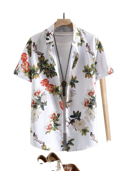 men random floral & bird print shirt without tee e4qs#, White;black
