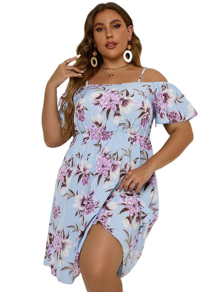 plus floral print cold shoulder flutter sleeve dress b6st#, Black