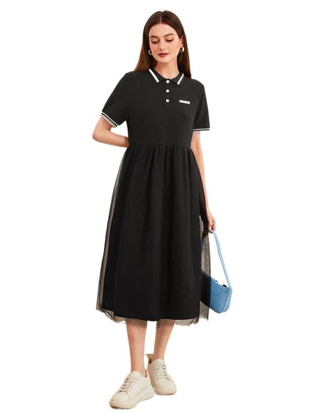 patch detail polo neck mesh hem dress p8oo#, Black;gray
patch detail polo neck mesh hem dress p8oo#, Black;gray