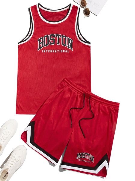 men letter graphic contrast trim mesh tank & shorts 60wc#, Gray