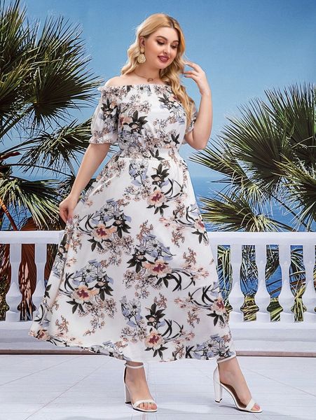 plus floral print off shoulder shirred puff sleeve dress h4zi#, Black
plus floral print off shoulder shirred puff sleeve dress h4zi#, Black