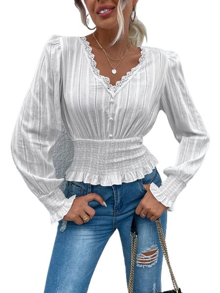 lace trim shirred blouse x1is#, White 
lace trim shirred blouse x1is#, White